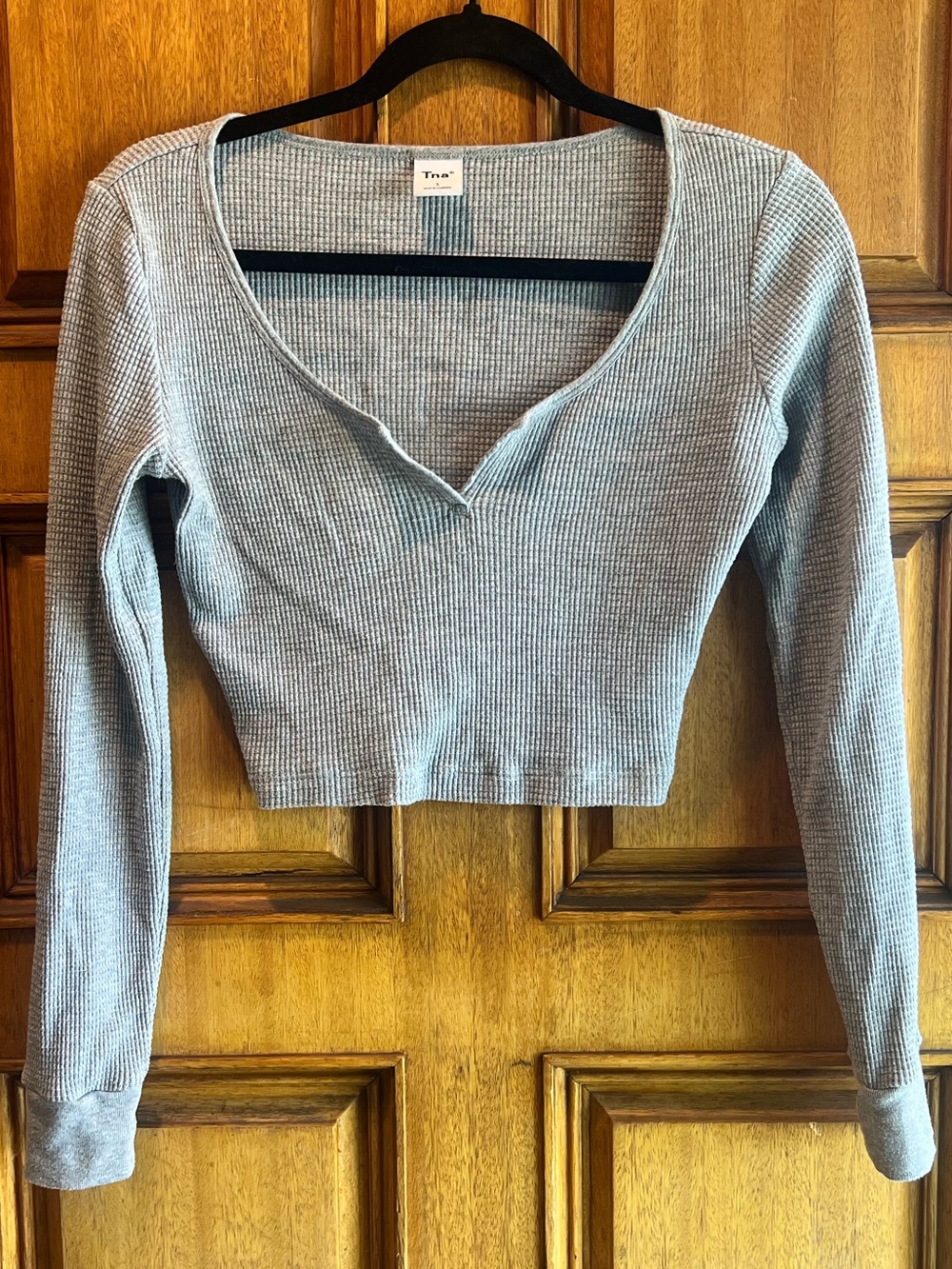 TNA Gray Waffle Knit Cropped Long-Sleeve Thermal Top